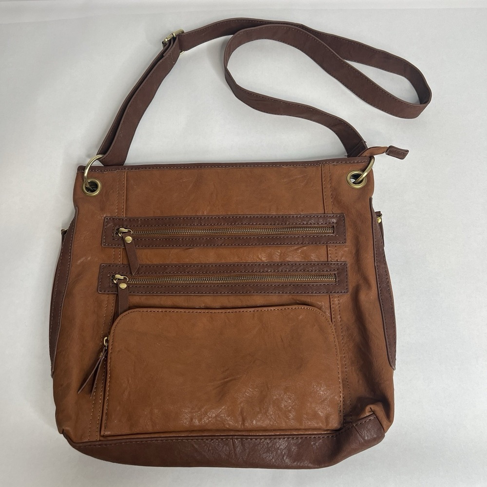 Bueno Multi-Pocket Zippers Crossbody Bag Womens Cognac Brown Faux Leather Boho